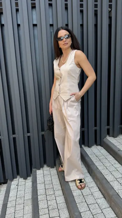 Бежевий костюм з льону ПАЛАЦЦО