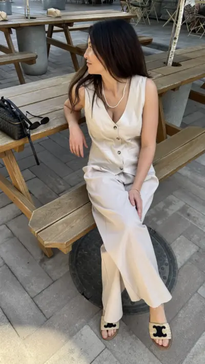 Бежевий костюм з льону ПАЛАЦЦО