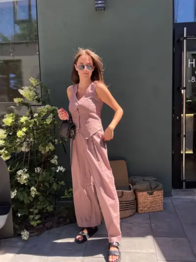 Рожевий костюм з льону ПАЛАЦЦО