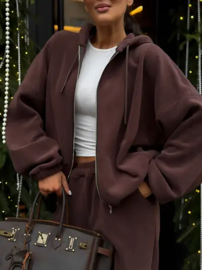 Преміальний зіп-костюм з двостороннього флісу Коричневий - Зображення 3