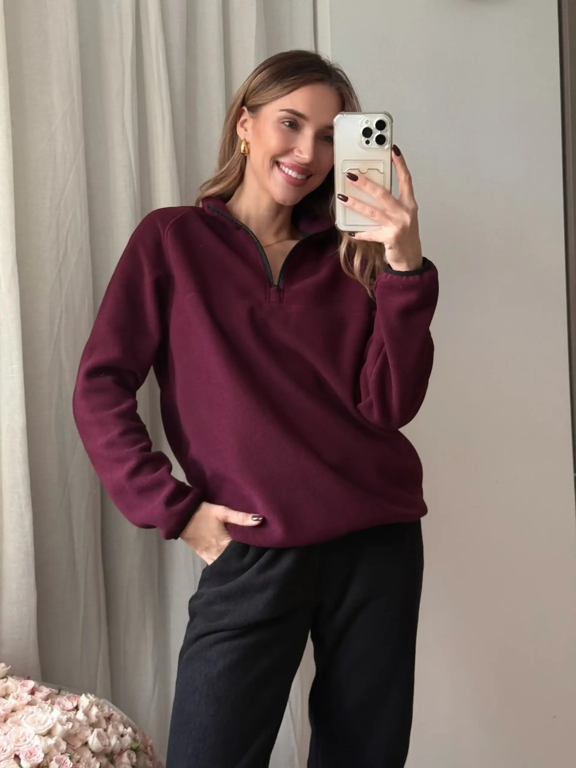 IMG_8255_11zon Костюмчик бургунді з високоякісного флісу Полар та чорні штани - Зображення 1